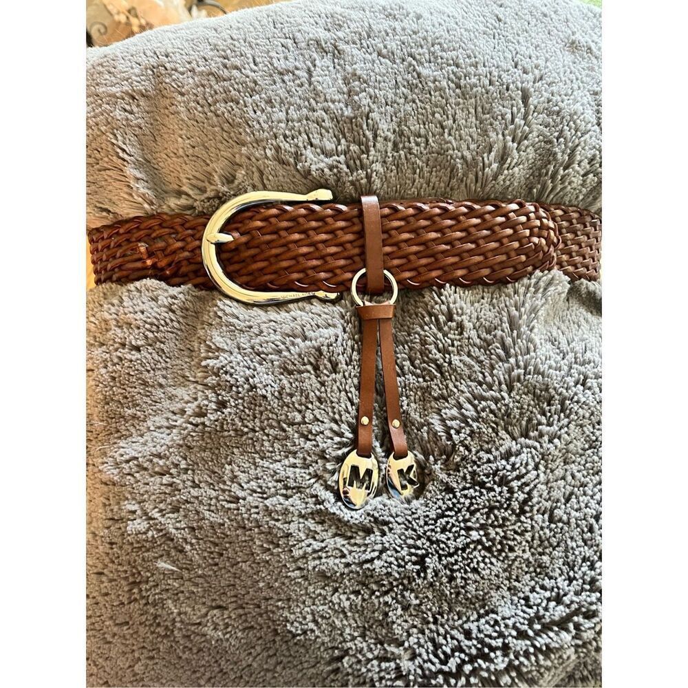 Michael Kors Woven Brown Large Silver Buckle & Hanging Charm Belt sz M